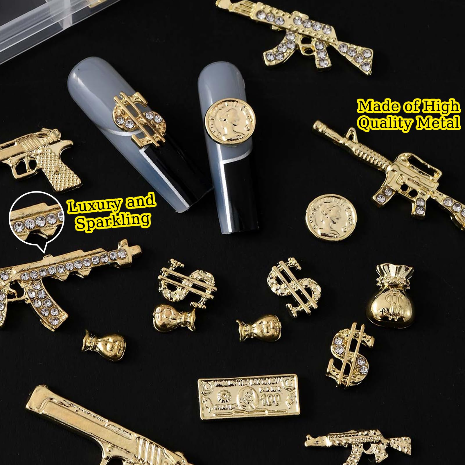 ZUMILLMN 62PCS 3D Nail Charms for Alloy Nails,Set Nail Art Decoration with Gold Dollar, Gun, and Coin,Nail Stones and Jewels Accessories for Nail Supplies Manicure Craft DIY(Gold)