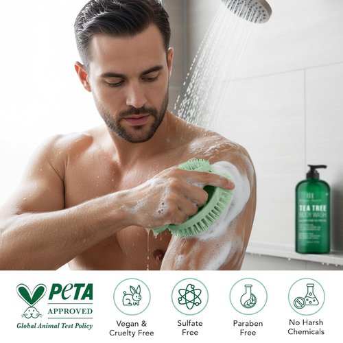 Botanic Hearth Tea Tree Body Wash - Infused with 100% Pure Tea Tree Oil & Coconut | 16 fl oz Cleanser with Dual-Sided Brush
