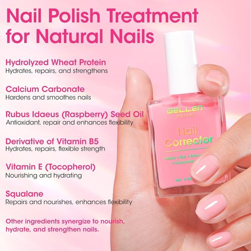 GELLEN PRO BIO Nail Strengthener & Growth Treatment - 5-In-1 Clear Tinted Pink Polish for Damaged Nails