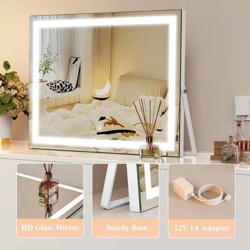 Gvnkvn Vanity Mirror with Lights, 15"× 11" LED Makeup Mirror, Lighted Makeup Mirror with Lights, Smart Touch Control Dimmable 3 Modes Light 360°Rotation Gold
