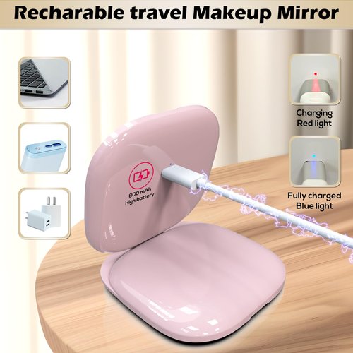 SmooEase Adjustable Brightness Compact Mirror, Lighted Travel Mirror with 1X/10X Magnifying,Double Sided,Mini Dimmable Portable for Handbag and Pocket, USB C Charging,for Girls Women(Pink)