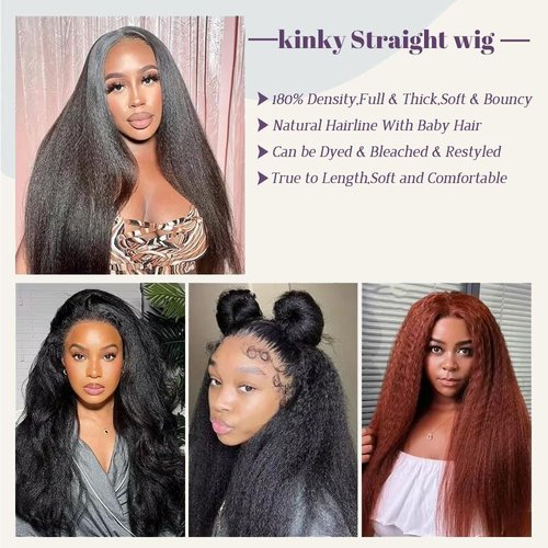 Emistar Afro Kinky Straight Lace Front Wigs Soft As Human Hair Pre Plucked With Baby Hair 180% Density Yaki Straight Transparent HD Lace Wig 200% Density Glueless Wigs for Black Women (13x6, 22 Inch)