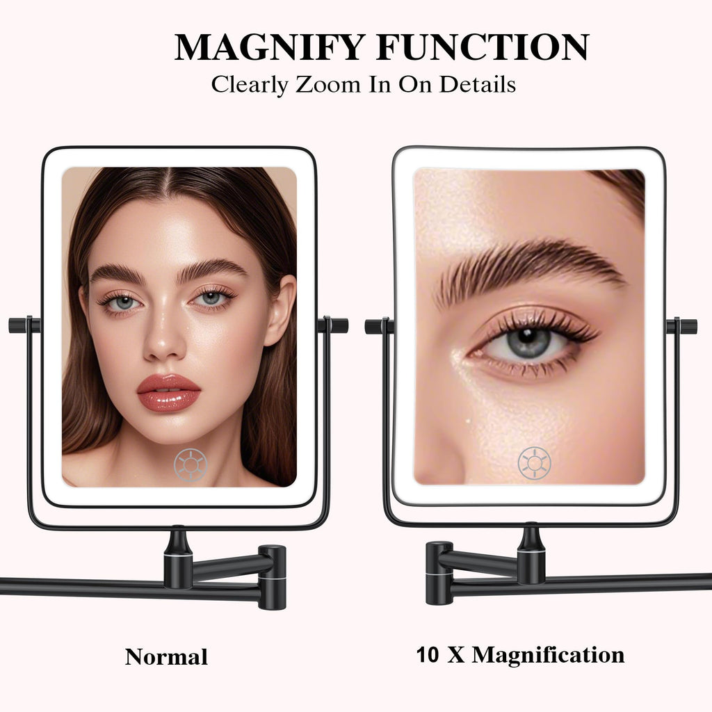 Wall Mounted Lighted Makeup Mirror, Rectangle Double Sided 1X/10X Magnifying Bathroom Height Adjustable Mirror, 6000mAh Rechargeable 3 Color and Dimmable Lights, 360 Rotation Shaving Vanity Mirror