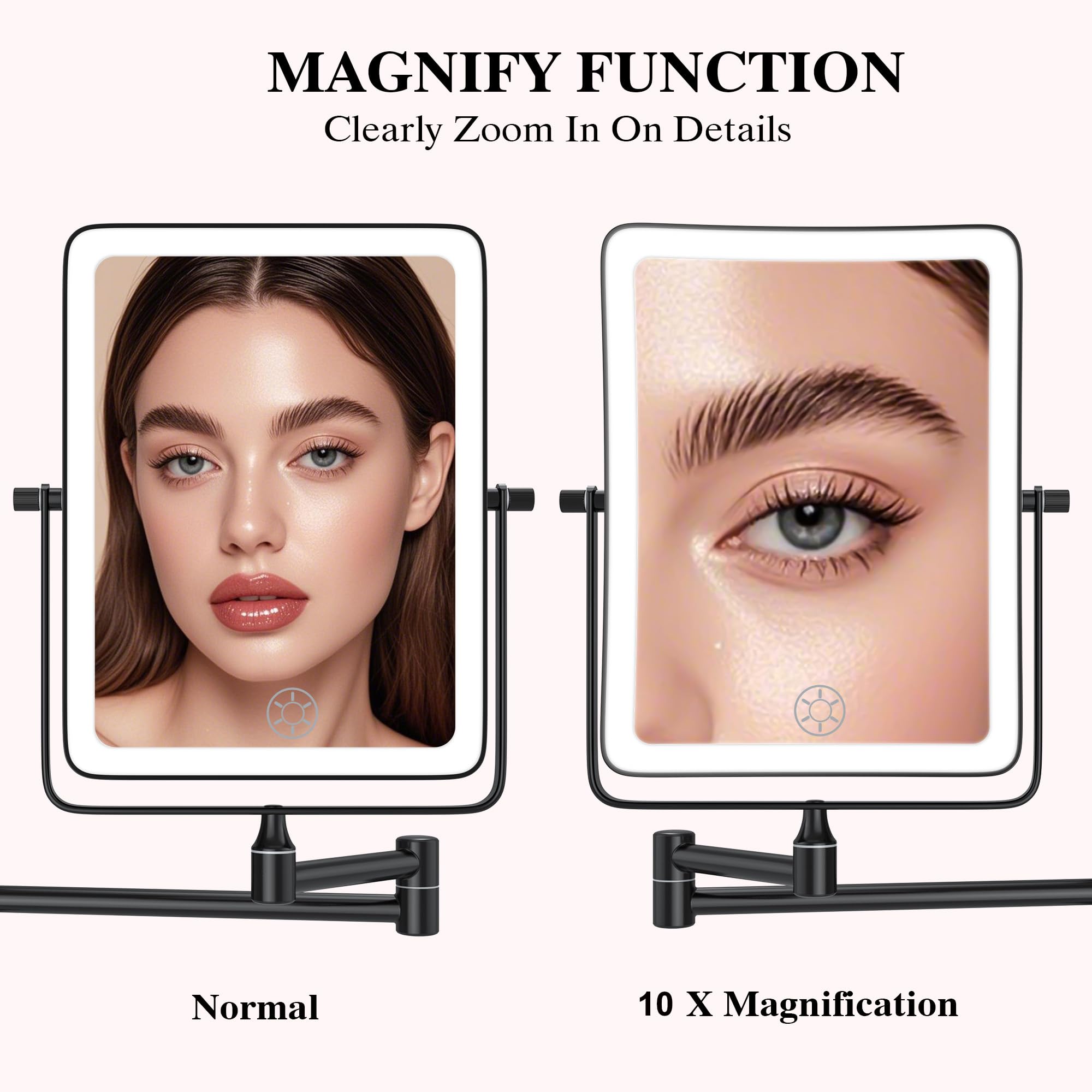 Wall Mounted Lighted Makeup Mirror, Rectangle Double Sided 1X/10X Magnifying Bathroom Height Adjustable Mirror, 6000mAh Rechargeable 3 Color and Dimmable Lights, 360 Rotation Shaving Vanity Mirror