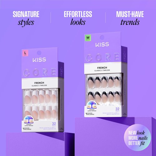 KISS CORE, Press On Nails, Nail glue included, 'Fascinating', White, Long Size, Almond Shape, Includes 32 Nails, 2g Glue, 1 Manicure Stick, 1 Mini File