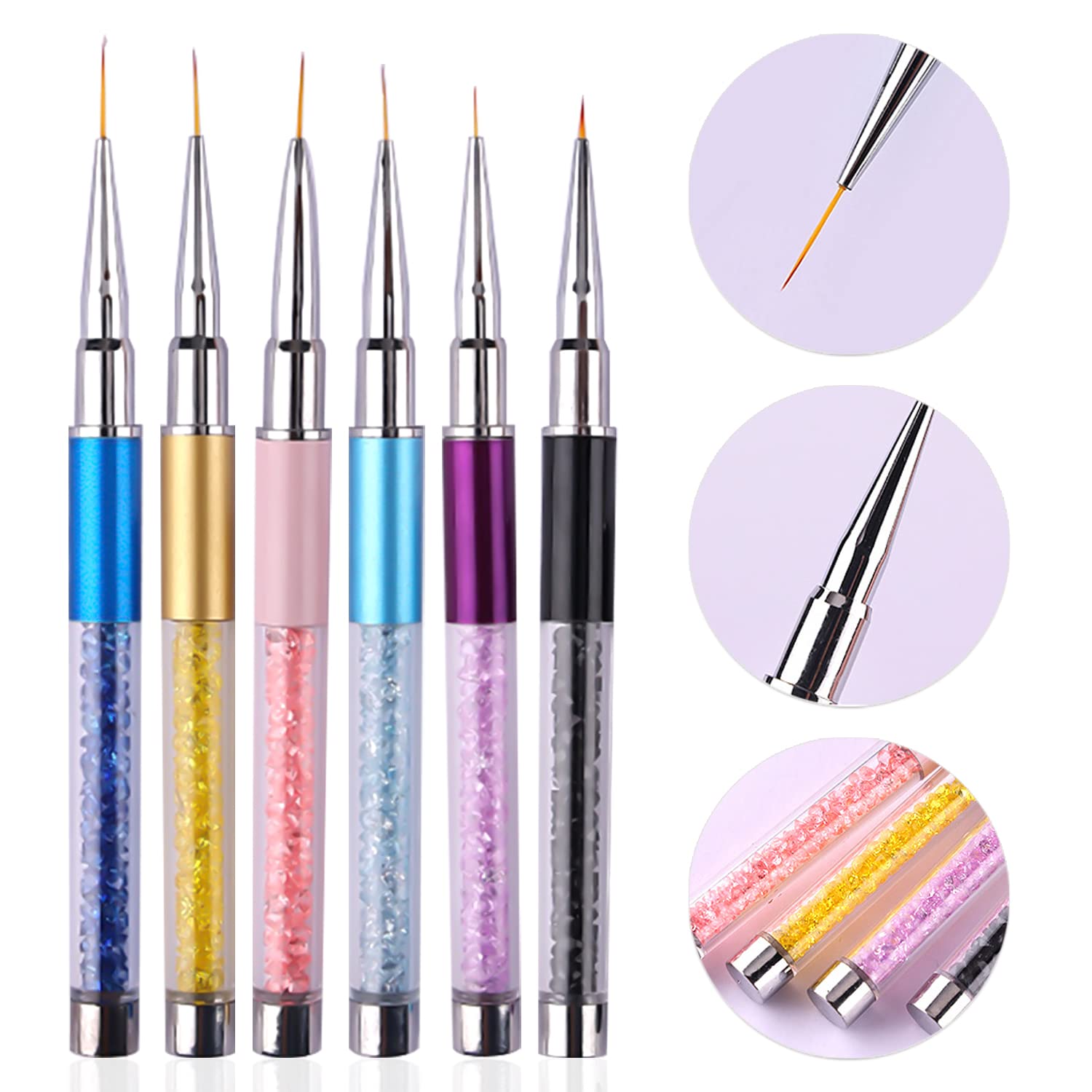 WOKOTO 6pcs Thin Nail Art Liner Brush For Nails Professional Nail Art Brushes Set Rhinestone Handle Nail Detail Brush Nail Gel Polish Painting Pens Nail Art Design Brushes Pen Set For Acrylic Nails