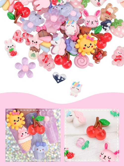 EBANKU 100 Pcs Kawaii Nail Charms, Flatback Resin Nail Charms Sweet Candy Slime Animals 3D Nail Decoration for DIY Crafts Jewelry Making