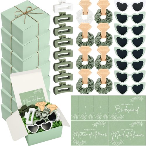 Geiserailie 40 Pcs 8 Set Bridesmaid Proposal Gifts Will You Be My Bridesmaid 4.1in Square Hair Claws Heart Sunglasses(Green)