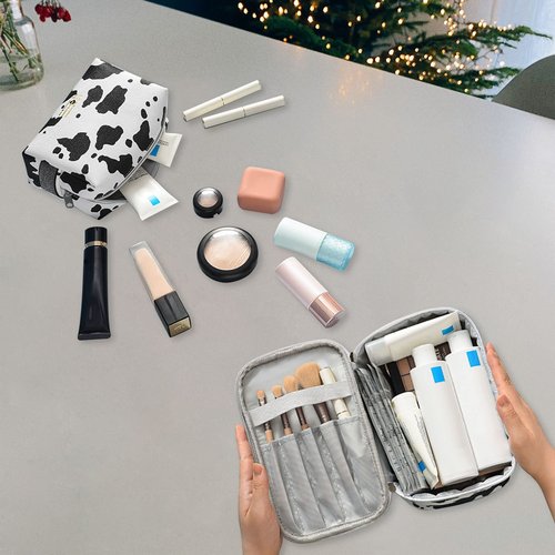 UOIXPUHUO Makeup Bag Cow Print Set of 2, Portable Cosmetic Bags Travel Toiletry Bag with Handle and Divider, Waterproof PU Leather Make Up Purse Pouch for Women Bathroom Girls