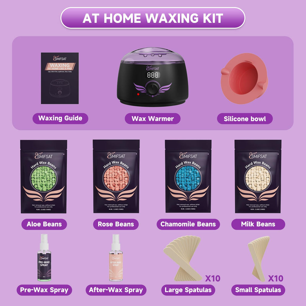 Waxing kit for women, Digital Hard Wax Warmer with 4 Packs of Natural Wax Beans (14.1oz), Silicone Bowl and Waxing Accessories, Professional for Bikini, Face, Brazilian, Body and Home Salon - Black