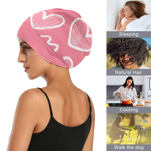 ElliTarr Beanie Hat Satin Bonnet Lined Sleep Cap Hair Wrap Cover Slouchy Beanie for Curly Hair Protection for Gifts for Men Women Pink Hearts Valentine