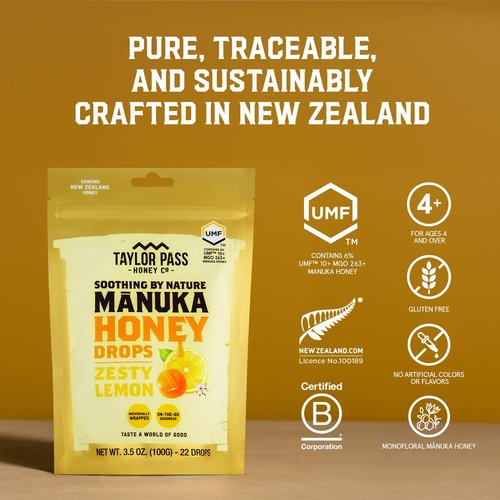 Taylor Pass Honey Co Mānuka Honey Drops UMF™ 10+ - Zesty Lemon Lozenges | Soothing Natural Relief | 22 Individually Wrapped Drops
