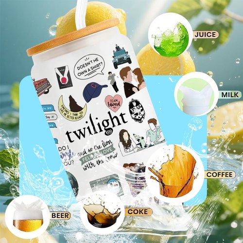 LONGXIN Twilight Vampire Lover Iced Coffee Cup - 16 oz Glass with Lid & Straw for Movie Fans