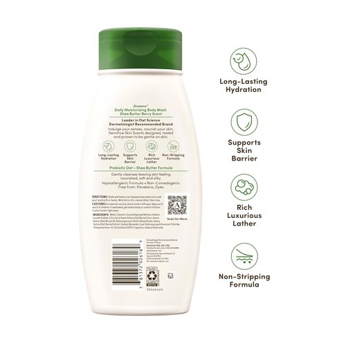 Aveeno Daily Moisturizing Body Wash with A Shea Butter Berry Scent & Soothing Prebiotic Oat, Provides Long-Lasting Hydration for Sensitive Skin, Hypoallergenic, Paraben-Free, 18 fl. oz