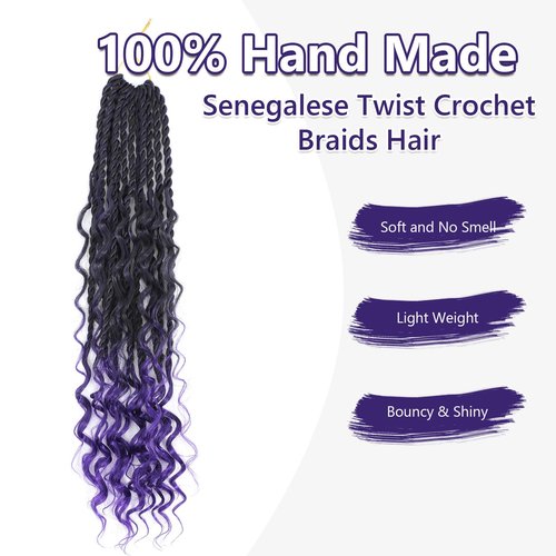 Senegalese Twist Crochet Hair with Curly Ends - 16 Inch Boho Island Twist Crochet Hair 8 Packs Goddess Boho Box Braids Crochet Hair Pre Looped Crochet Hair(16(8Packs), 1B/Purple)