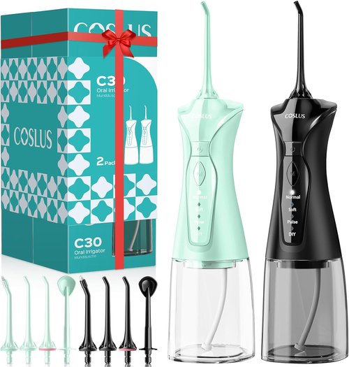 COSLUS Water Flosser for Teeth - 2-Pack C30 Dental Pick Set with 3 Modes & 8 Levels, Ideal for Sensitive Gums - Black & Green