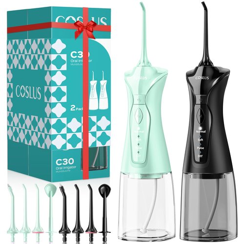 COSLUS 2-Pack Water Flosser for Teeth: Water Dental Pick Set with Refined Packaging for Couples Friends, 3 Modes & 8 DIY Levels for Sensitive Gums & Braces, Ideal for Family Sharing, Black & Green