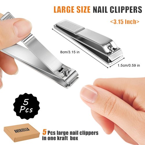 AVERZELLA 5-Pack Large Toenail Clippers Straight Edge, 3.15 inch Long Handled Non-Slip Toenail Clippers for Seniors Adults, Stainless Steel Big Toe Nail Clippers Bulk Set for Men Women (Silver)