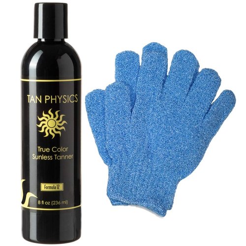 Tan Physics Sunless Tanner 8oz with Exfoliation Gloves – Self Tanning Lotion – Instant Tanning Lotion for Face & Body – Natural Self Tanner for a Streak-Free, Long-Lasting Glow