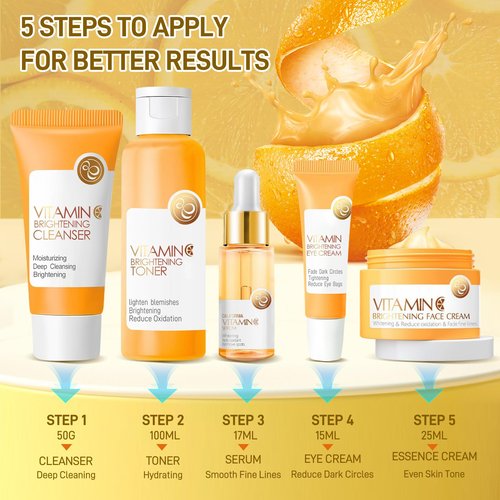 5Pcs Valentines Day Vitamin C Skincare Set, Skin Care for Kids, Skincare Gift Sets with Cleanser, Toner, Serum, Eye Cream, Facial Cream, Skin Care Set for Girls Ages 8-12, Travel Facial Kit for Girls