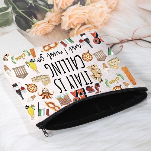 POFULL Italy Map iconic traditional Souvenir Gift ITALY Is Calling and I Must Go Traveller Zipper Pouch Makeup Bag (white ITALY Calling Bag)