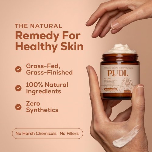 PUDL Grass Fed Beef Tallow Whipped Lotion Balm - Nourishing Anti-Aging Moisturizer with Manuka Honey & Jojoba Oil for Sensitive Skin