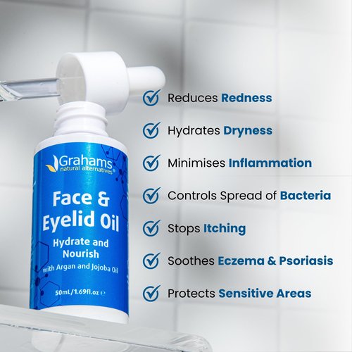 Grahams Natural Face & Eyelid Oil - For Very Dry Skin Around Eye & Face, Eczema & Perioral Dermatitis - Steroid-Free, Hypoallergenic, Non-Comedogenic - 100% Pure - with Argan & Jojoba Oil (1.69 Fl Oz)