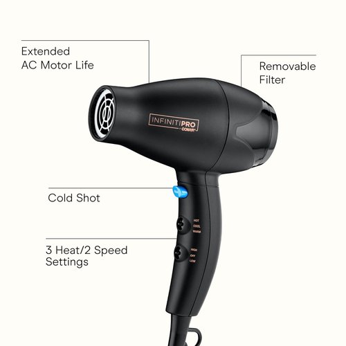 INFINITI PRO CONAIR Travel Hair Dryer - 1600W Compact Blow Dryer with Concentrator | Lightweight & Fast Drying, Black