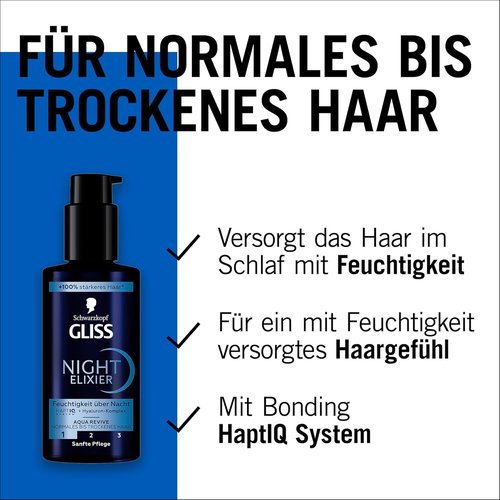 GLISS Schwarzkopf Night Elixir Hair Serum - 100 ml Leave-In Overnight Hydrating Treatment for Normal to Dry Hair
