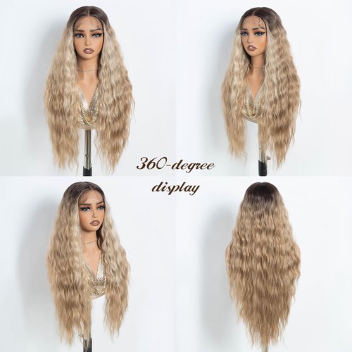 NOBLE Long Wavy Lace Front Wig Highlight Ash Blonde 30 Inch Middle Part Synthetic Lace Front Wig Heat Resistant Fiber Wigs for Daily Party Use
