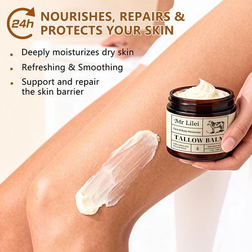 Beef Tallow for Skin, Grass-Fed Beef Tallow Balm, Beef Tallow Cream, Face & Body Moisturizer Restores Skin Barrier, Soothes Dry Sensitive Skin, Beef Tallow Honey Balm Whipped with Beeswax & Olive Oil