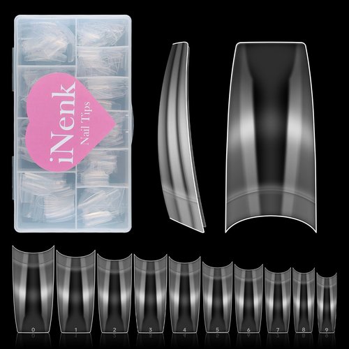 INENK Clear Coffin C Curved Nail Tips, Short Coffin Half Cover Fake Nail Tips for Acrylic Nails Professional Dip Powder Nail Salons and DIY Nail Art 80 90s(500PCS 10SIZES)