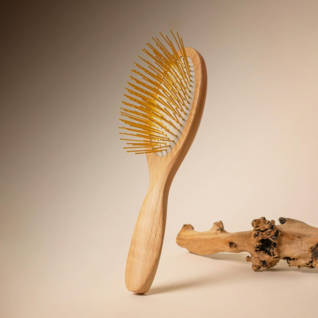 Snow Fox Skincare Gua Sha Hair Brush - Wooden Edition | Scalp Massage Comb with Gold-Plated Bristles for Healthy Follicles