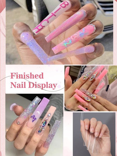 Quaferen Clear Square Nail Tips, 504PCS 3XL Long No C Curve Nail Tips, Half Cover Flat Tapered Square Straight Gel Acrylic Tips False Nails for DIY Salon Home