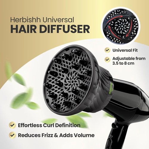 Herbishh Hair Dryer Diffuser - Universal Fit for Curly & Wavy Hair | Reduces Frizz & Adds Volume, Adjustable 3.5-8 cm (Black)
