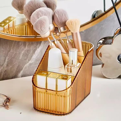 Freebirdly Makeup Organizer Cosmetics Storage Box, Large Capacity Make Up Brush Holder Organizer Vanity Accessories, Bathroom Countertops, Desk Storage Container, Cosmetic Display cases(Yellow-S)