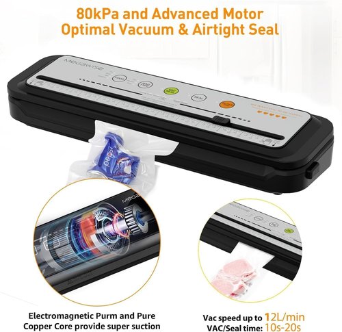 MEGAWISE Vacuum Sealer Machine - 2025 Model with 80kPa Suction Power & Built-in Cutter | Compact Design (Grey)