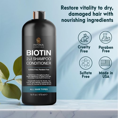 INFINA ESSENTIALS Biotin Shampoo & Conditioner - Hair Thickening Formula with Saw Palmetto, Keratin & Caffeine - 16 fl oz