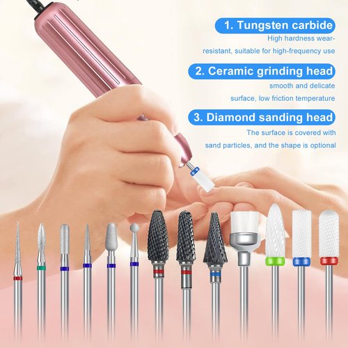 13pc nail drill bits set for nailsefile - includes tungsten carbide, ceramic & cuticle drill bits with brush (3/32 inch)