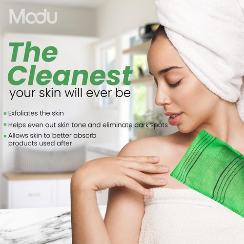 Modu Korean Exfoliating Mitts Large 4PCS (Green, Yellow, Sky Blue, Pink) – Exfoliating Gloves Body Scrubber Italy Towel Washcloth for Korean Spa at Home, Dead Skin Remover, 100% Vegan Viscose