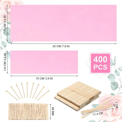 400 Pieces Wax Strips Sticks Kit, Non-Woven Waxing Removal Strips with Wax Applicator Stick for Body Skin Facial Hair Removal Tools(Pink)