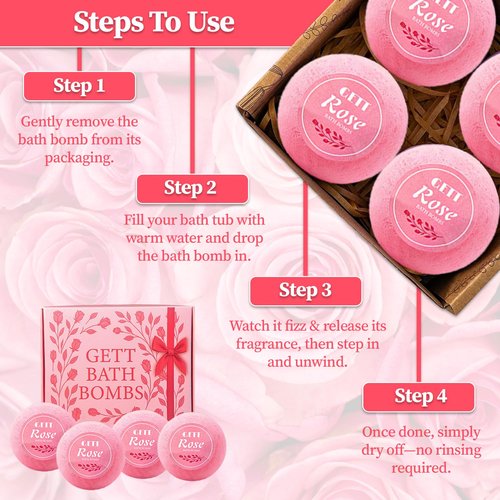 GETT Rose Bath Bombs 4-pcs, Individually Wrapped Bath Bombs for Men & Women, Luxury Gift Set with Vegan and Essential Oils, Relaxing and Moisturizing Bubble Bath, Organic Bath Essentials for All