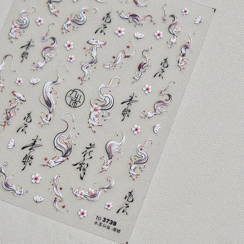 2Sheets Nail Art Sticker Ink Painting Foxs Nail Decals Black White Archaic Style Nine-Tailed Fox Art Manicure for Women Girls (Fox)