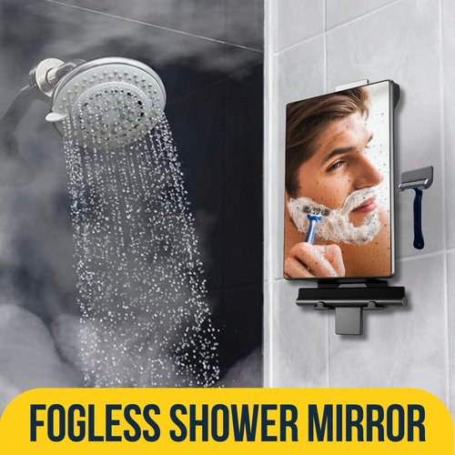 HONEYBULL Fogless Shower Mirror for Shaving – Anti Fog Mirror for Shower with Water Tank, Adhesive Hook Mount, Bonus Razor Holder & Squeegee – for Men and Women, Small Bathroom Accessory (Black)