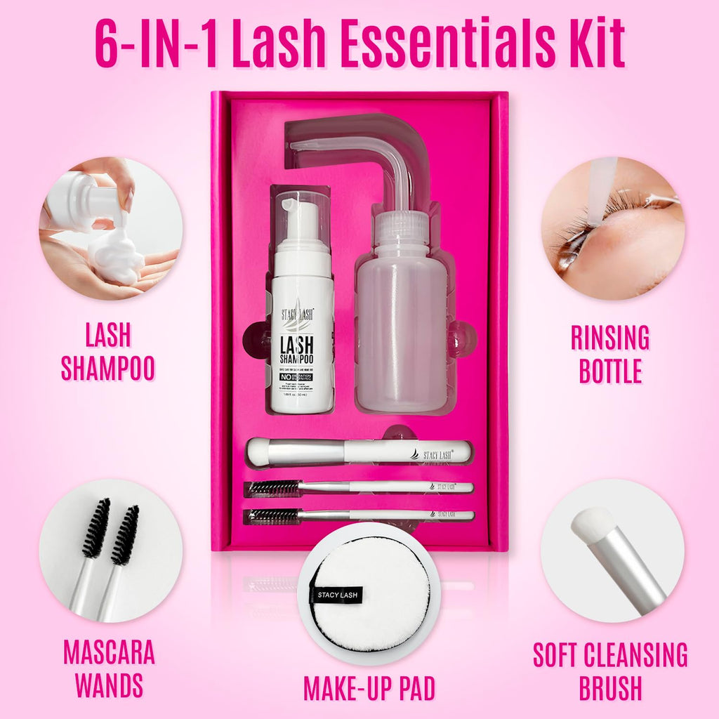 Stacy Lash Foaming Lash Shampoo Kit - 50ml Cleanser with Spoolies, Rinse Bottle & Brush for Extensions