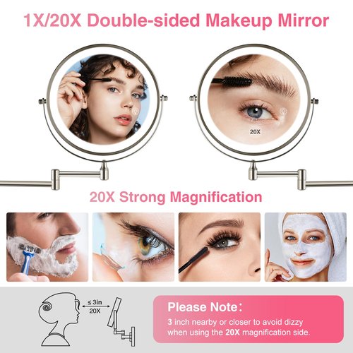 GREENFROM 8.5 Inch Magnifying Mirror with Lights, Wall Mounted Makeup Mirror, Dual-Sided 1X/20X, Bright LED Lighting, Space-Saving Design for Bathroom & Vanity, Brushed Nickel
