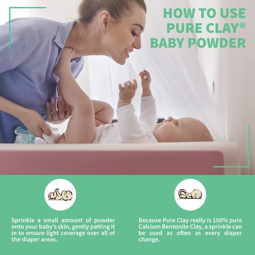 Pure Clay Talc Free Baby Powder with Organic Bentonite Clay Food Grade for Sensitive Skin, Gentle Calcium Bentonite Care for Delicate Infant Diaper Area. Talc-Free Baby Powder. Unscented and Organic.