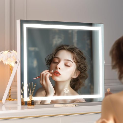 Hasipu Vanity Mirror with Lights, 17.7" x13.8” - 10X Magnification, Smart Touch 3 Color Modes, Brightness Control & 360° Rotation
