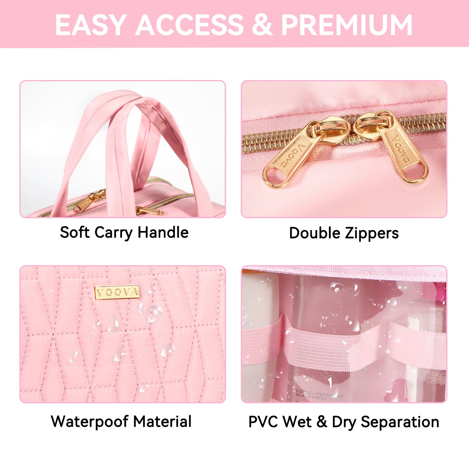 Voova Hanging Travel Toiletry Bag for Women Men, Waterproof Makeup Cosmetic Organizer Holder for Toiletries Accessories, Traveling Essentials,Shampoo,Full-Sized Container, Brushes Kit Set, Pink
