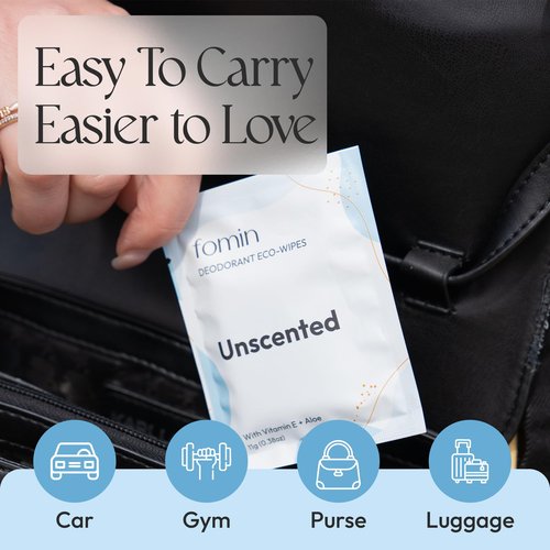FOMIN Travel Deodorant Wipes - 30 Count - Unscented - pH Balanced, Hypoallergenic Mini Deodorant Wipes For Women and Men - Plastic-Free, Individually Wrapped Underarm & Body Wipe
